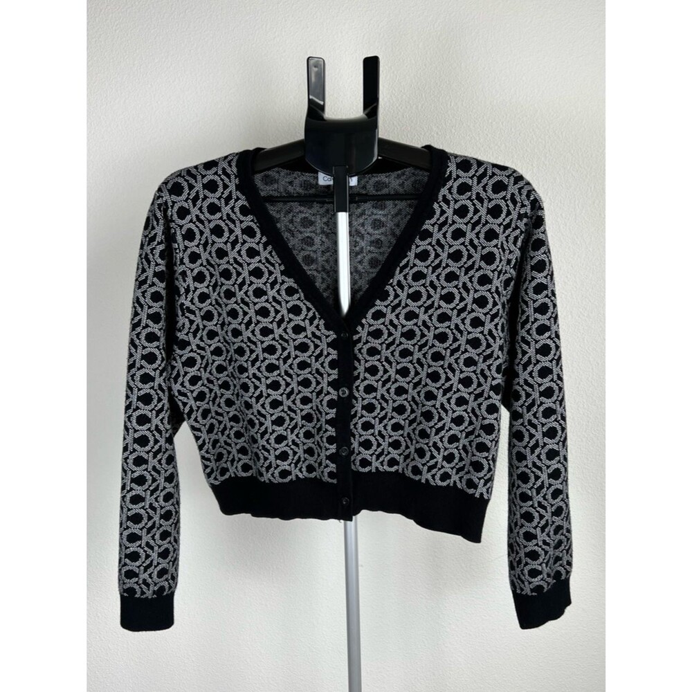 Calvin Klein Logo Cardigan XL Black White Monogram‎ Cropped Button V Neck